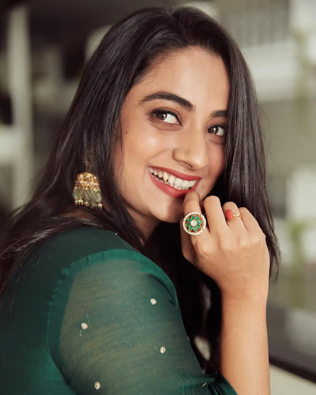 Namitha Pramod Wearing Beautiful Earring Designer Green Dress